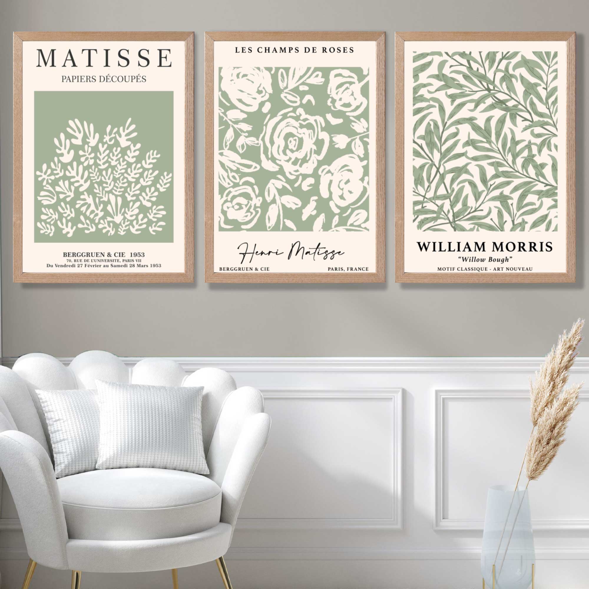 Set of 3 Matisse and William Morris Sage Green Floral Art Prints in White Frames | Artze UK