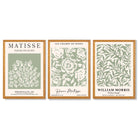 Set of 3 Matisse and William Morris Sage Green Floral Framed Art Prints with Oak Wooden Frames