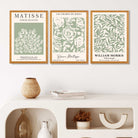 Set of 3 Matisse and William Morris Sage Green Floral Art Prints in Oak Frames | Artze UK