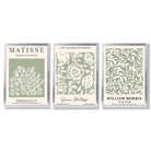 Set of 3 Matisse and William Morris Sage Green Floral Framed Art Prints with Silver Wood Frames