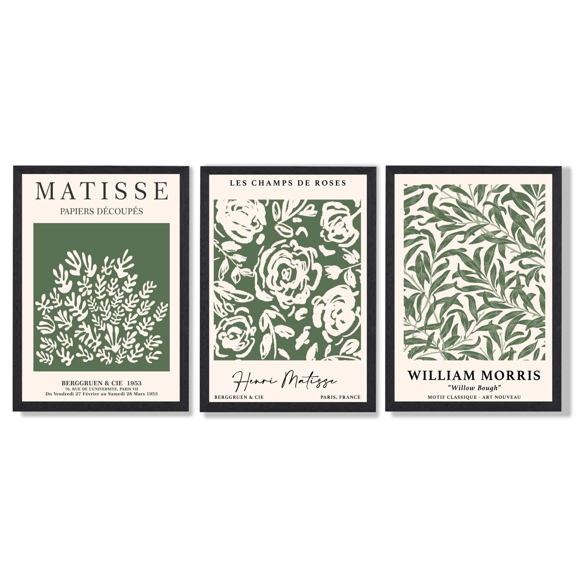 Set of 3 Matisse and William Morris Green Floral Framed Art Prints with Black Wooden Frames