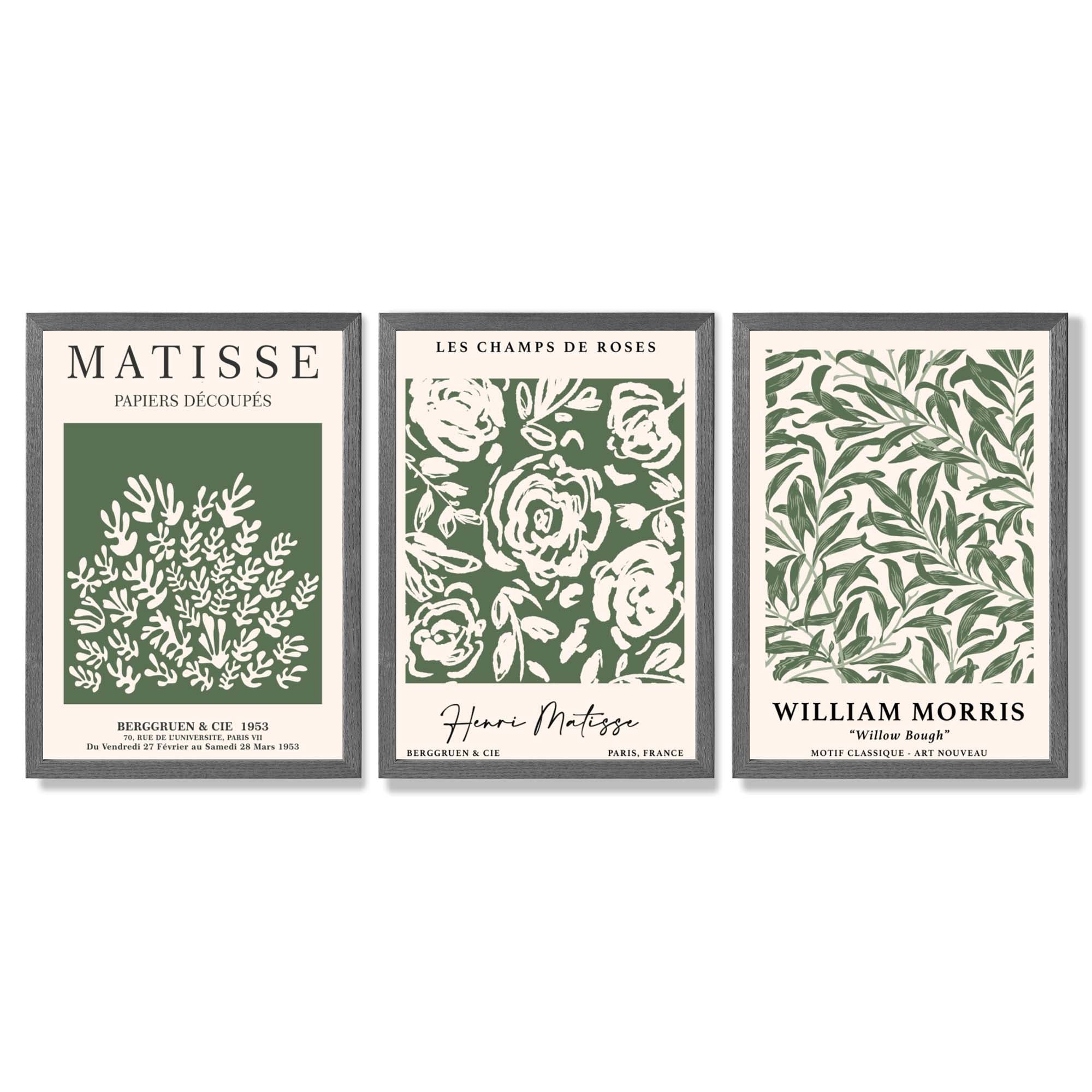 Set of 3 Matisse and William Morris Green Floral Framed Art Prints with Dark Grey Wooden Frames