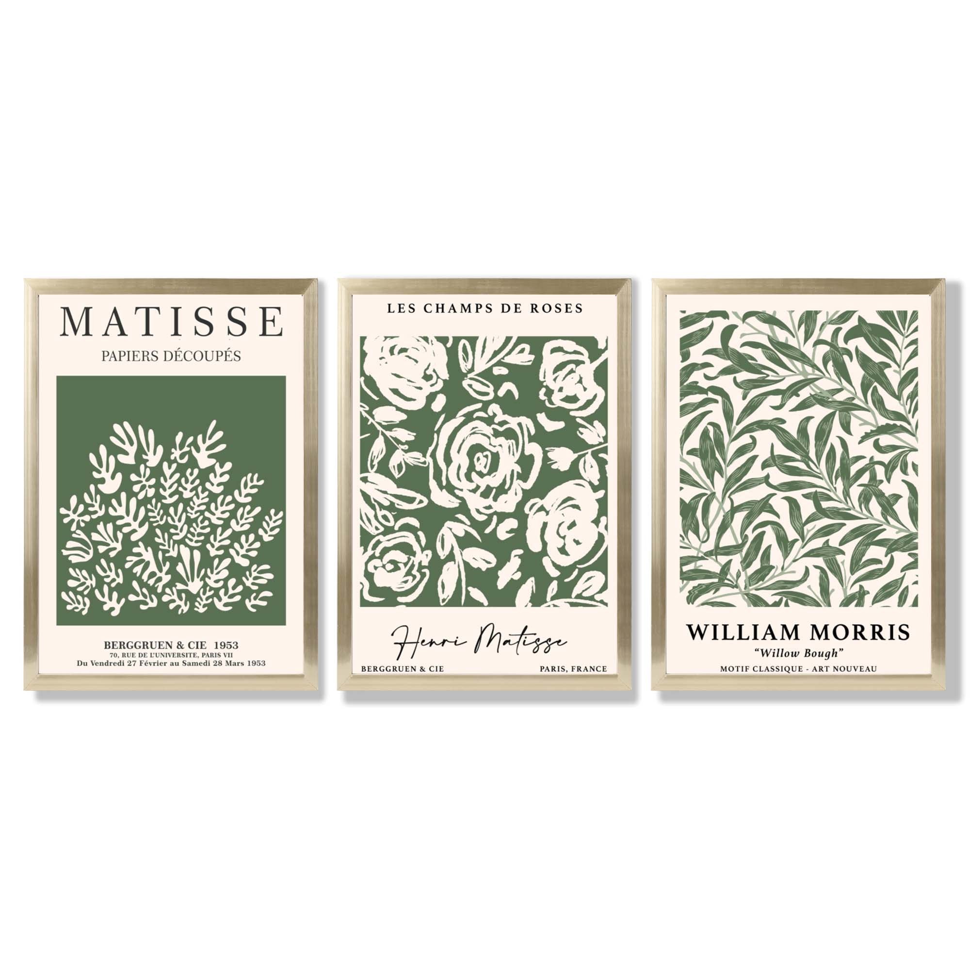 Set of 3 Matisse and William Morris Green Floral Framed Art Prints with Gold Wood Frames
