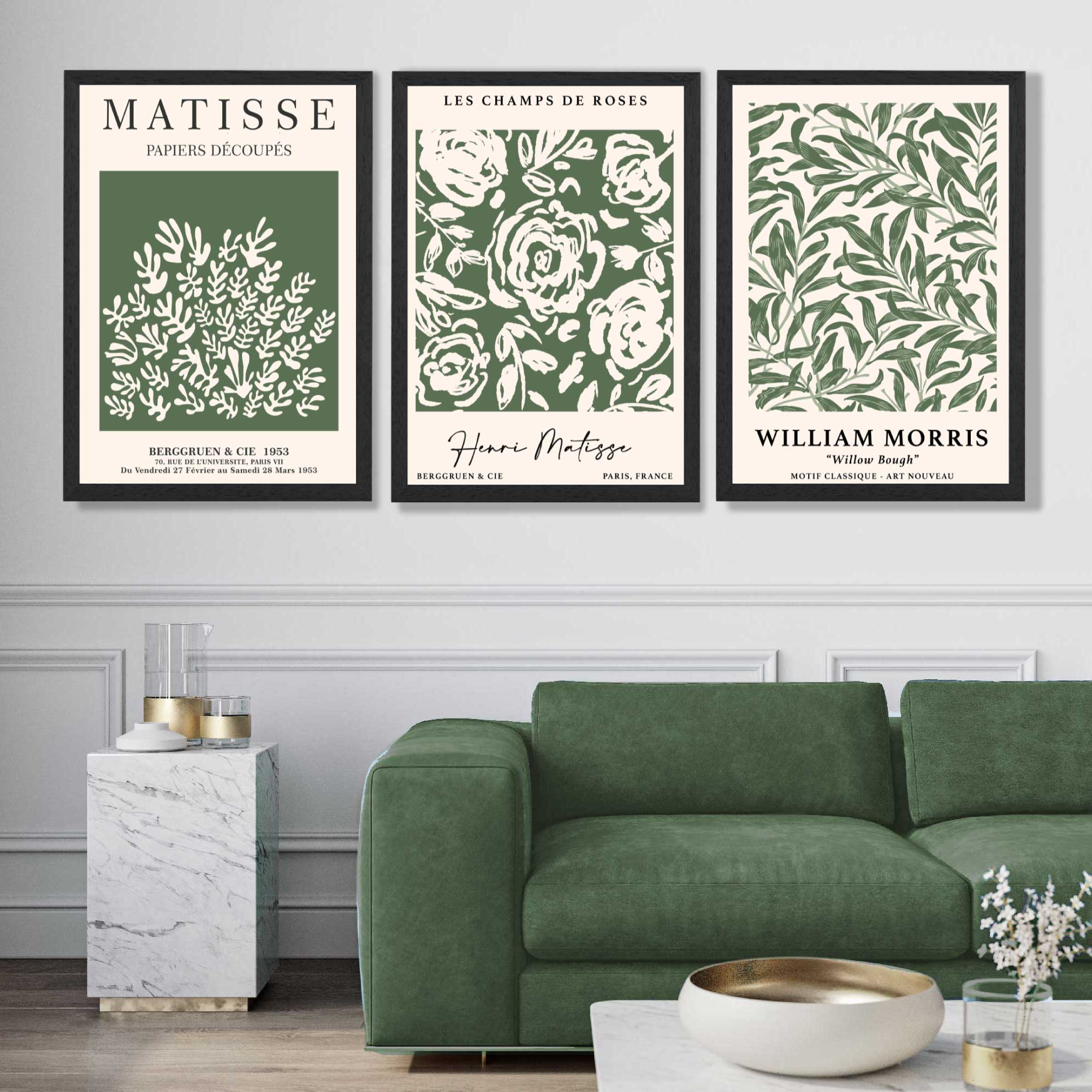 Set of 3 Matisse and William Morris Green Floral Art Prints in Black Frames | Artze UK
