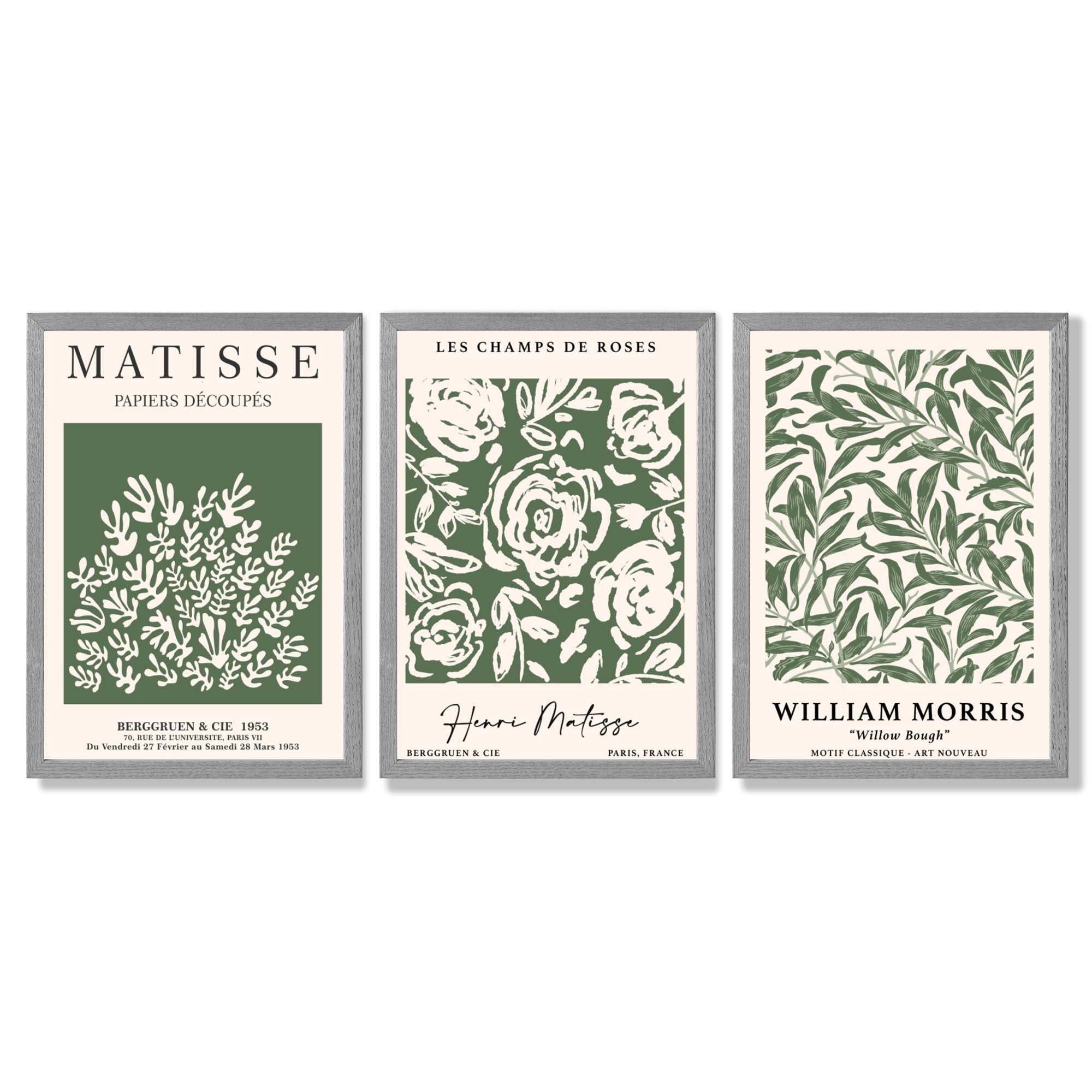 Set of 3 Matisse and William Morris Green Floral Framed Art Prints with Light Grey Wooden Frames