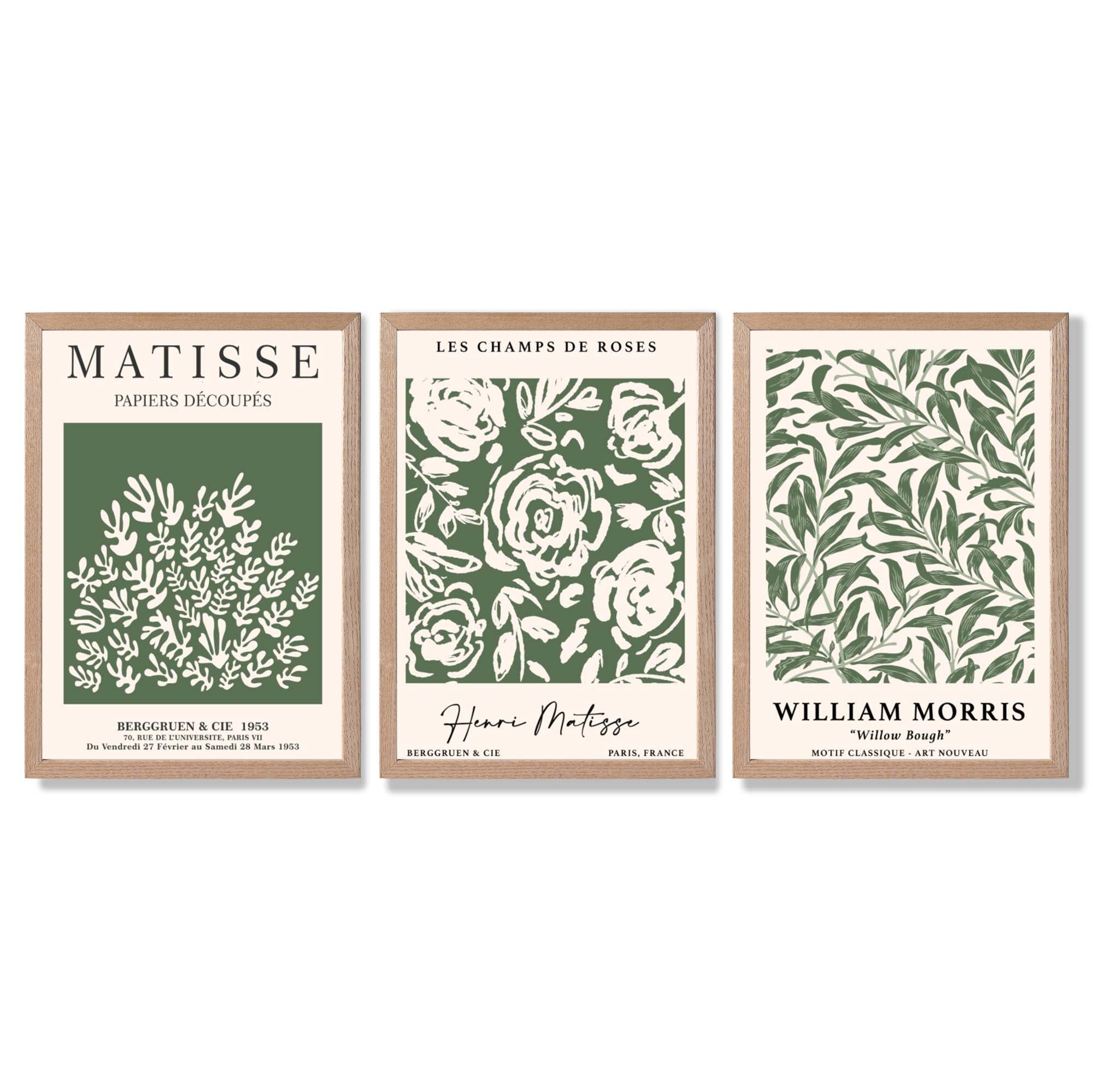 Set of 3 Matisse and William Morris Green Floral Framed Art Prints with Light Oak Frames