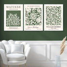Set of 3 Matisse and William Morris Green Floral Art Prints in White Frames | Artze UK