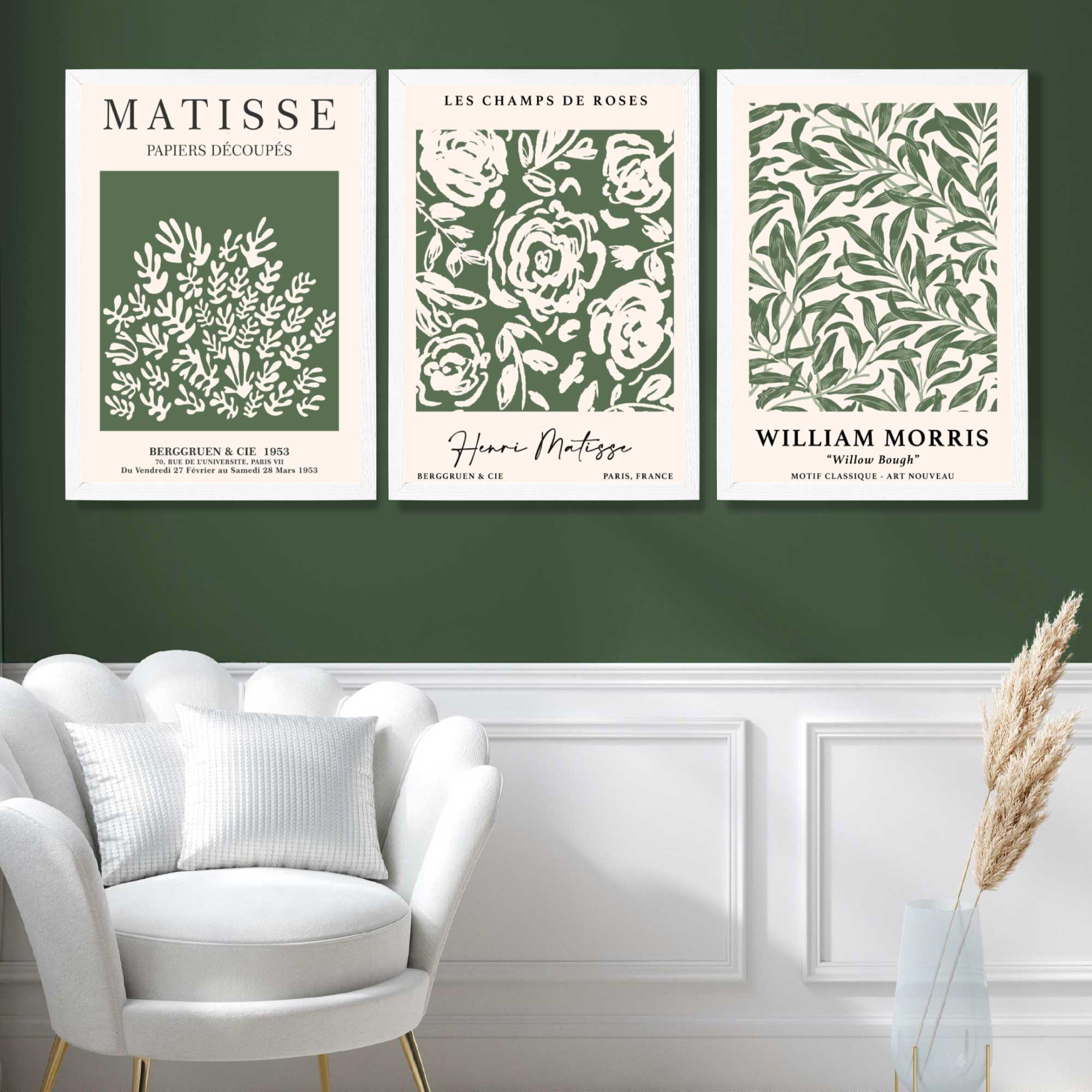 Set of 3 Matisse and William Morris Green Floral Art Prints in White Frames | Artze UK