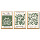 Set of 3 Matisse and William Morris Green Floral Framed Art Prints with Oak Wooden Frames