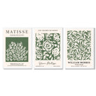 Set of 3 Matisse and William Morris Green Floral Framed Art Prints with White Wooden Frames