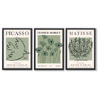 Set of 3 Matisse and Picasso Green Floral Framed Art Prints with Black Wooden Frames