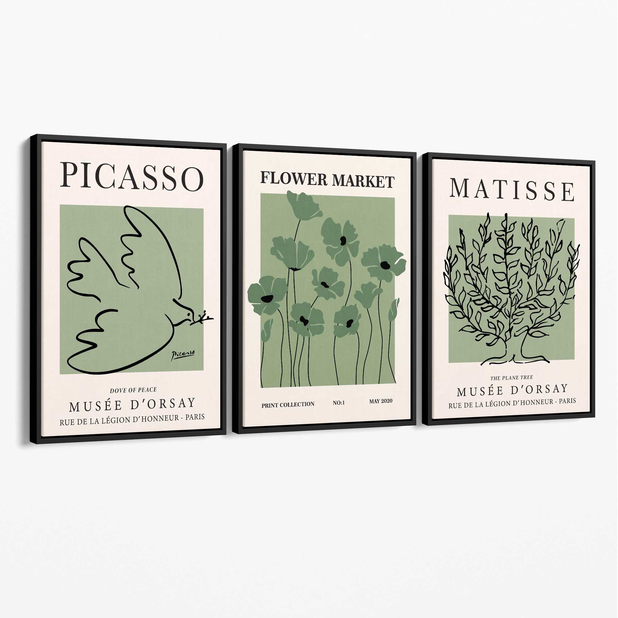 Set of 3 Matisse and Picasso Green Floral Canvas Art Prints with Black Float Frame