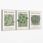 Set of 3 Matisse and Picasso Green Floral Canvas Art Prints with White Float Frame