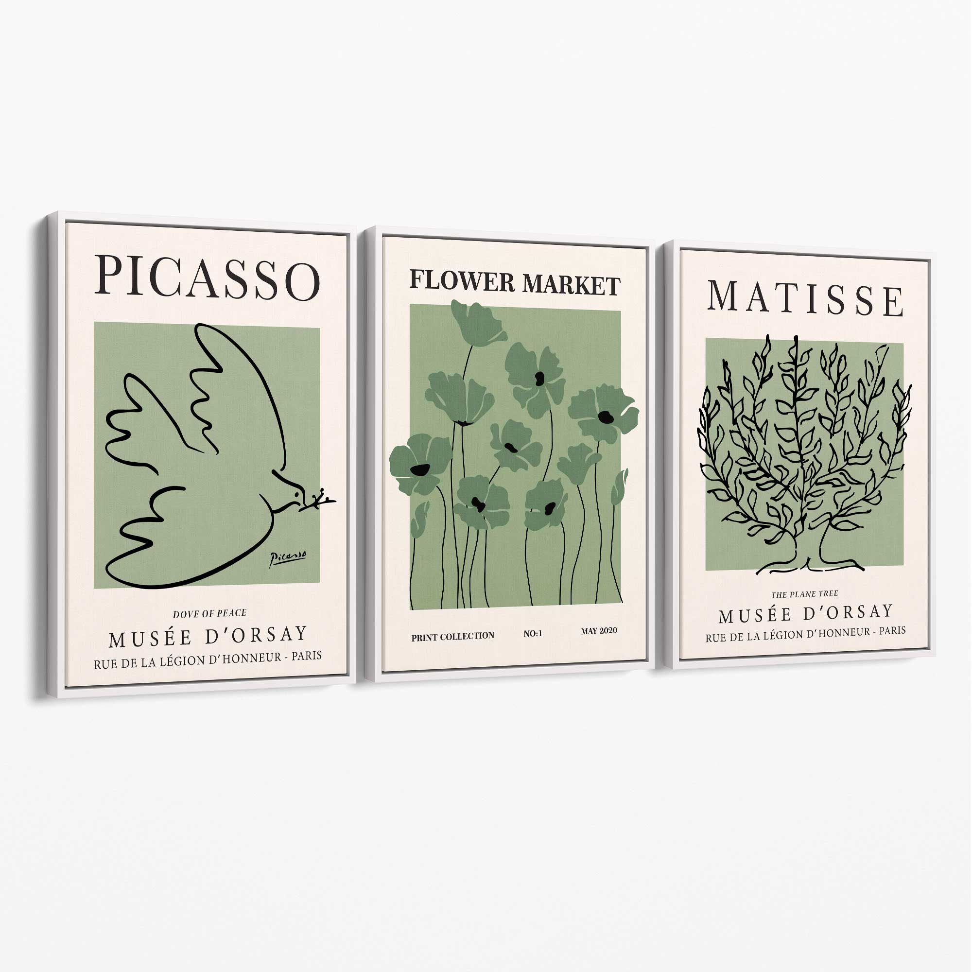 Set of 3 Matisse and Picasso Green Floral Canvas Art Prints with White Float Frame