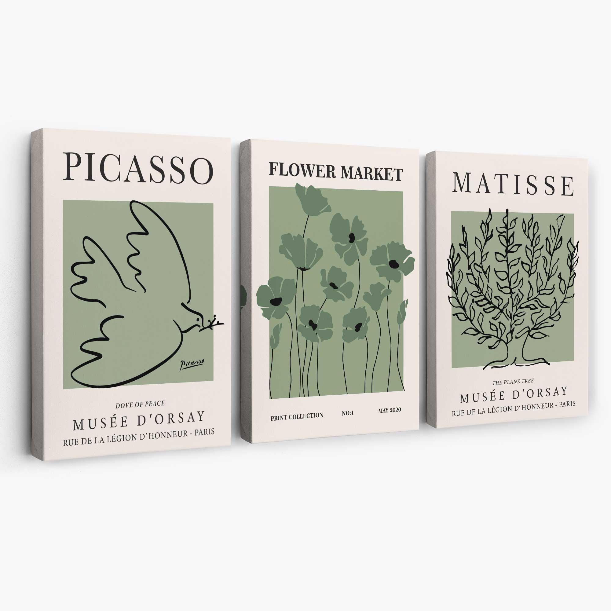 Set of 3 Matisse and Picasso Green Floral Canvas Art Prints | Artze Wall Art