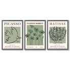 Set of 3 Matisse and Picasso Green Floral Framed Art Prints with Dark Grey Wooden Frames