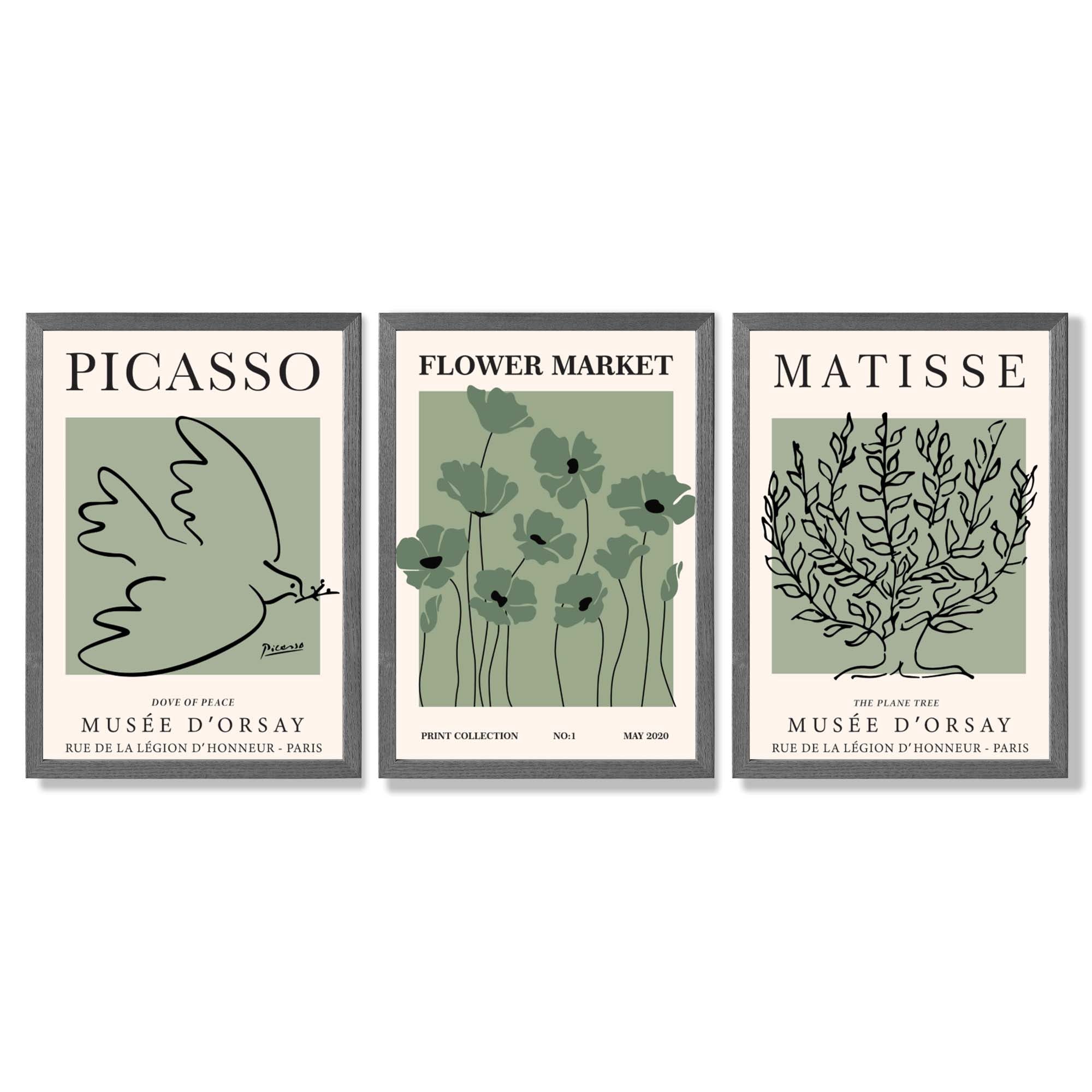 Set of 3 Matisse and Picasso Green Floral Framed Art Prints with Dark Grey Wooden Frames