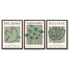 Set of 3 Matisse and Picasso Green Floral Framed Art Prints with Dark Wood Frames