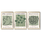 Set of 3 Matisse and Picasso Green Floral Framed Art Prints with Gold Wood Frames