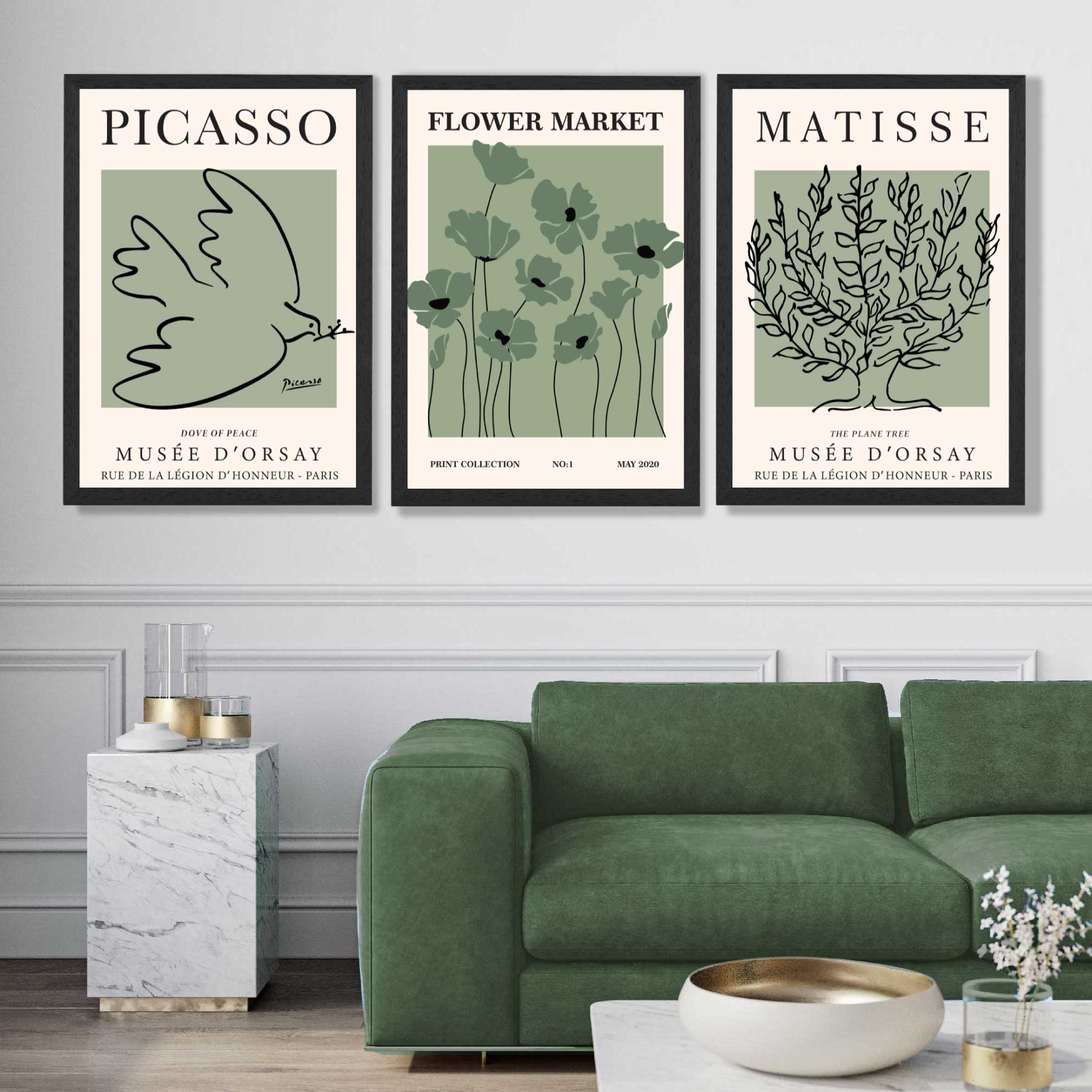 Set of 3 Matisse and Picasso Green Floral Art Prints in Black Frames | Artze UK