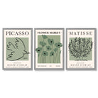 Set of 3 Matisse and Picasso Green Floral Framed Art Prints with Light Grey Wooden Frames