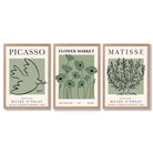 Set of 3 Matisse and Picasso Green Floral Framed Art Prints with Light Oak Frames