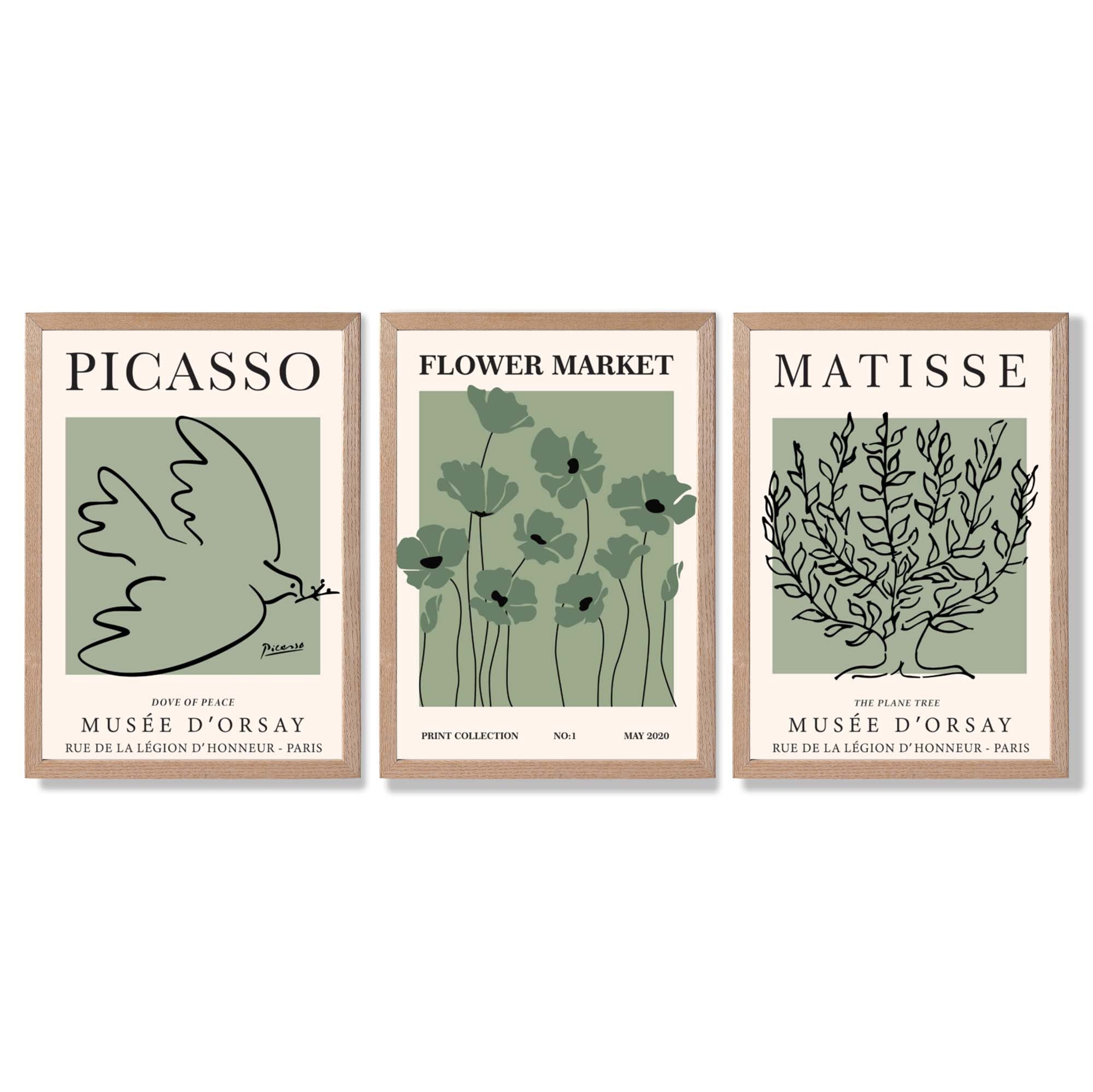 Set of 3 Matisse and Picasso Green Floral Framed Art Prints with Light Oak Frames
