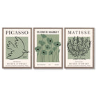 Set of 3 Matisse and Picasso Green Floral Framed Art Prints with Light Walnut Frames