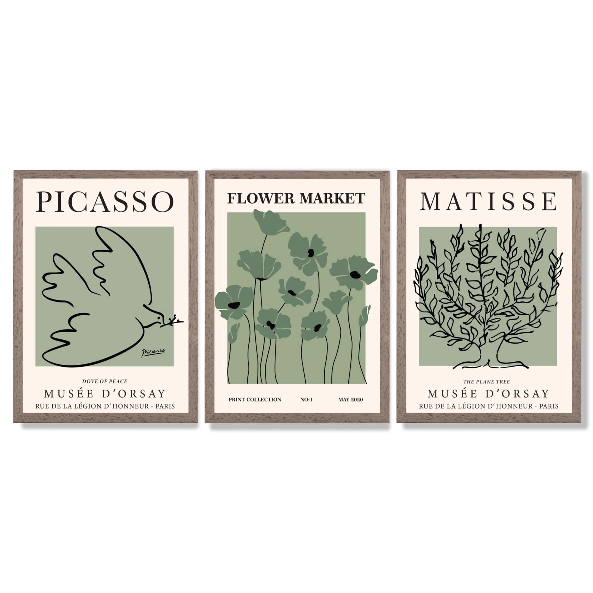 Set of 3 Matisse and Picasso Green Floral Framed Art Prints with Light Walnut Frames