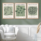 Set of 3 Matisse and Picasso Green Floral Art Prints in White Frames | Artze UK