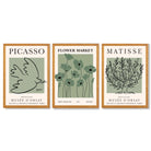 Set of 3 Matisse and Picasso Green Floral Framed Art Prints with Oak Wooden Frames