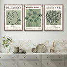 Set of 3 Matisse and Picasso Green Floral Art Prints in Oak Frames | Artze UK