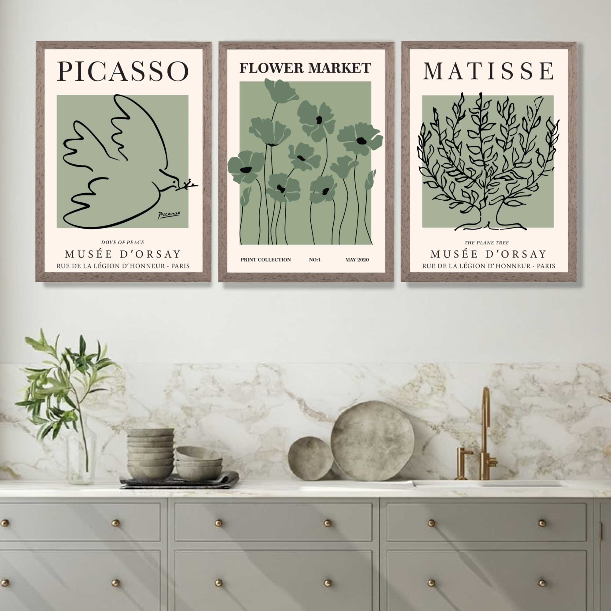Set of 3 Matisse and Picasso Green Floral Art Prints in Oak Frames | Artze UK