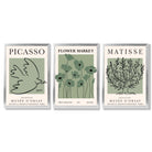 Set of 3 Matisse and Picasso Green Floral Framed Art Prints with Silver Wood Frames
