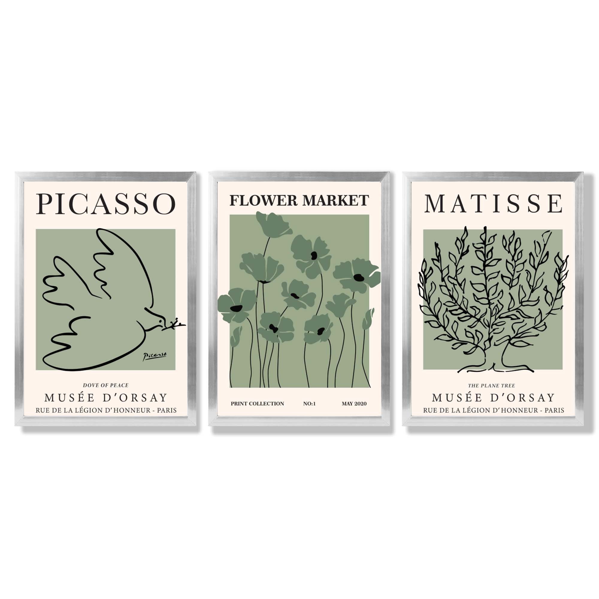 Set of 3 Matisse and Picasso Green Floral Framed Art Prints with Silver Wood Frames