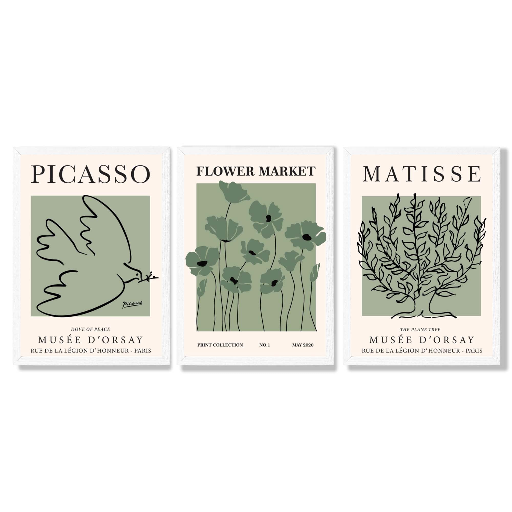 Set of 3 Matisse and Picasso Green Floral Framed Art Prints with White Wooden Frames
