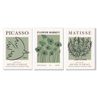 Set of 3 Matisse and Picasso Green Floral Framed Art Prints with White Wooden Frames
