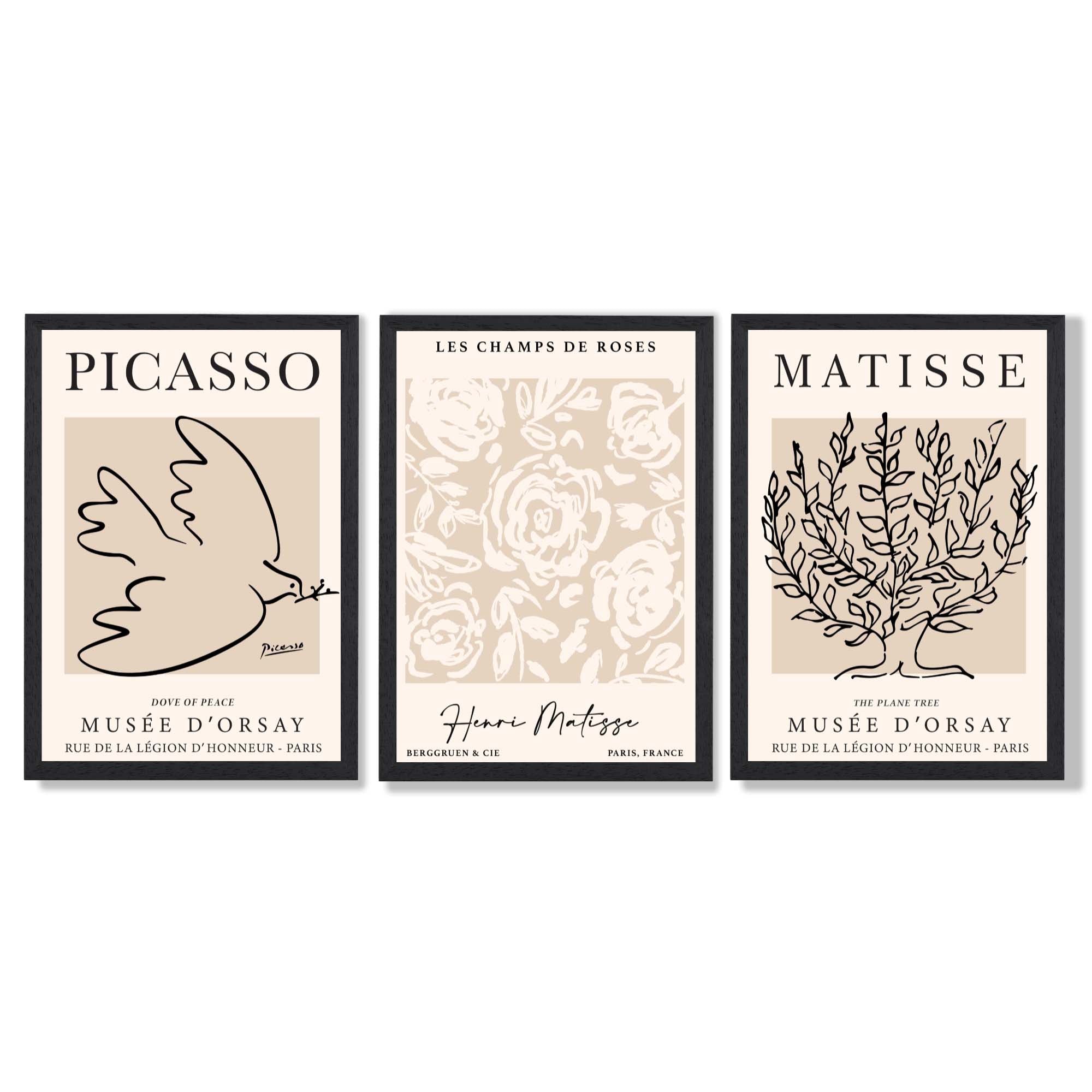 Set of 3 Matisse and Picasso Beige Floral Framed Art Prints with Black Wooden Frames