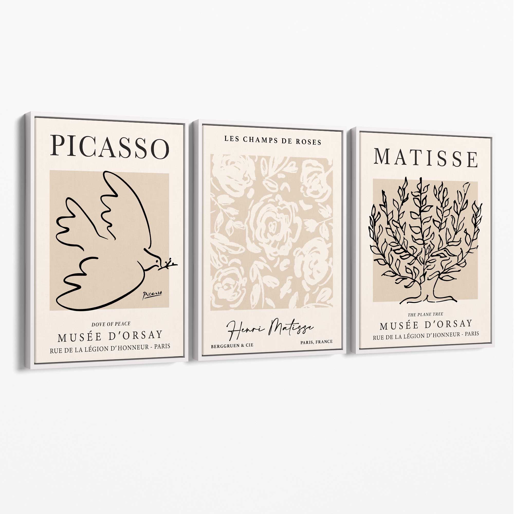 Set of 3 Matisse and Picasso Beige Floral Canvas Art Prints with White Float Frame