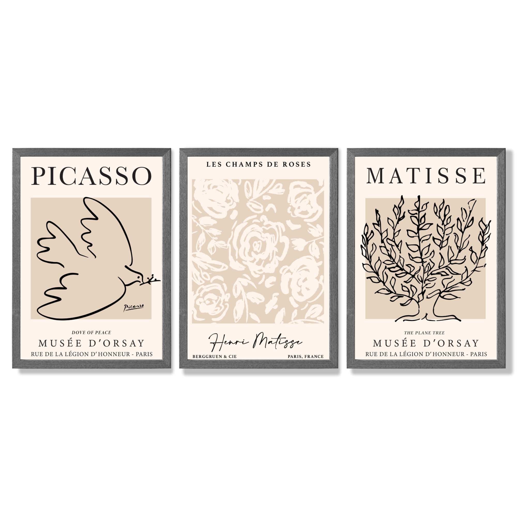 Set of 3 Matisse and Picasso Beige Floral Framed Art Prints with Dark Grey Wooden Frames