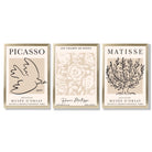 Set of 3 Matisse and Picasso Beige Floral Framed Art Prints with Gold Wood Frames