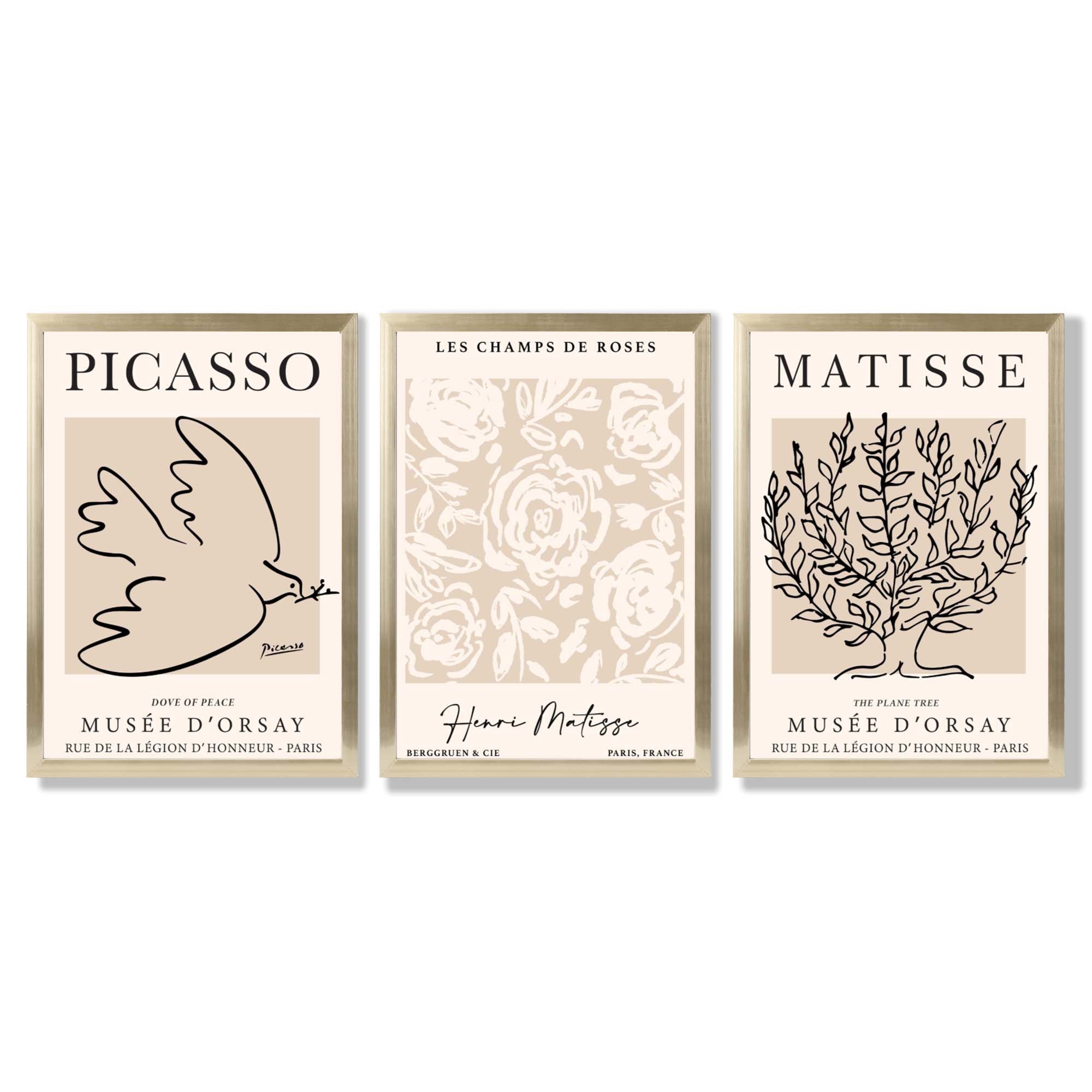 Set of 3 Matisse and Picasso Beige Floral Framed Art Prints with Gold Wood Frames