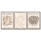 Set of 3 Matisse and Picasso Beige Floral Framed Art Prints with Light Walnut Frames