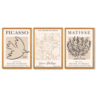 Set of 3 Matisse and Picasso Beige Floral Framed Art Prints with Oak Wooden Frames