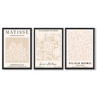 Set of 3 Matisse and William Morris Beige Floral Framed Art Prints with Black Wooden Frames