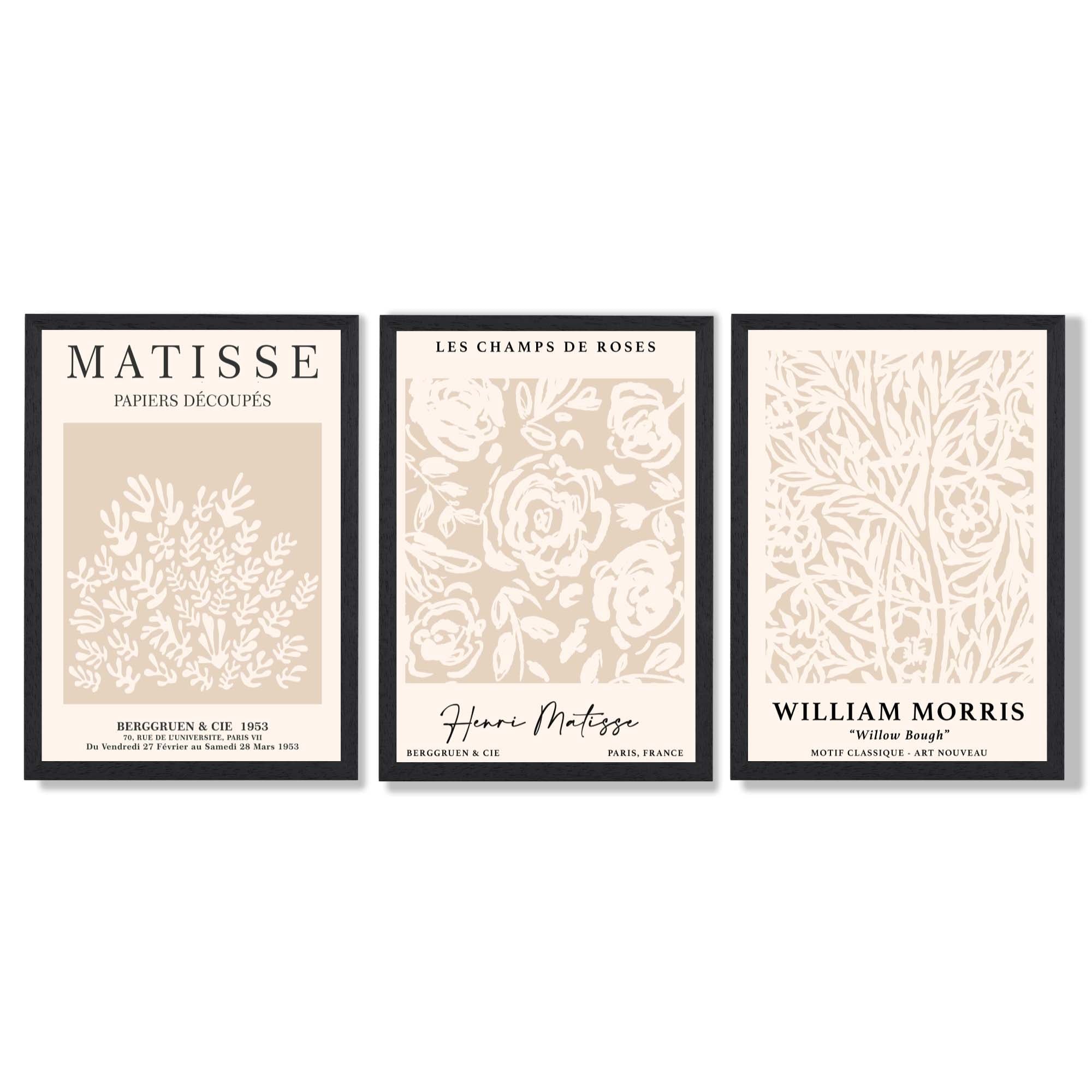 Set of 3 Matisse and William Morris Beige Floral Framed Art Prints with Black Wooden Frames