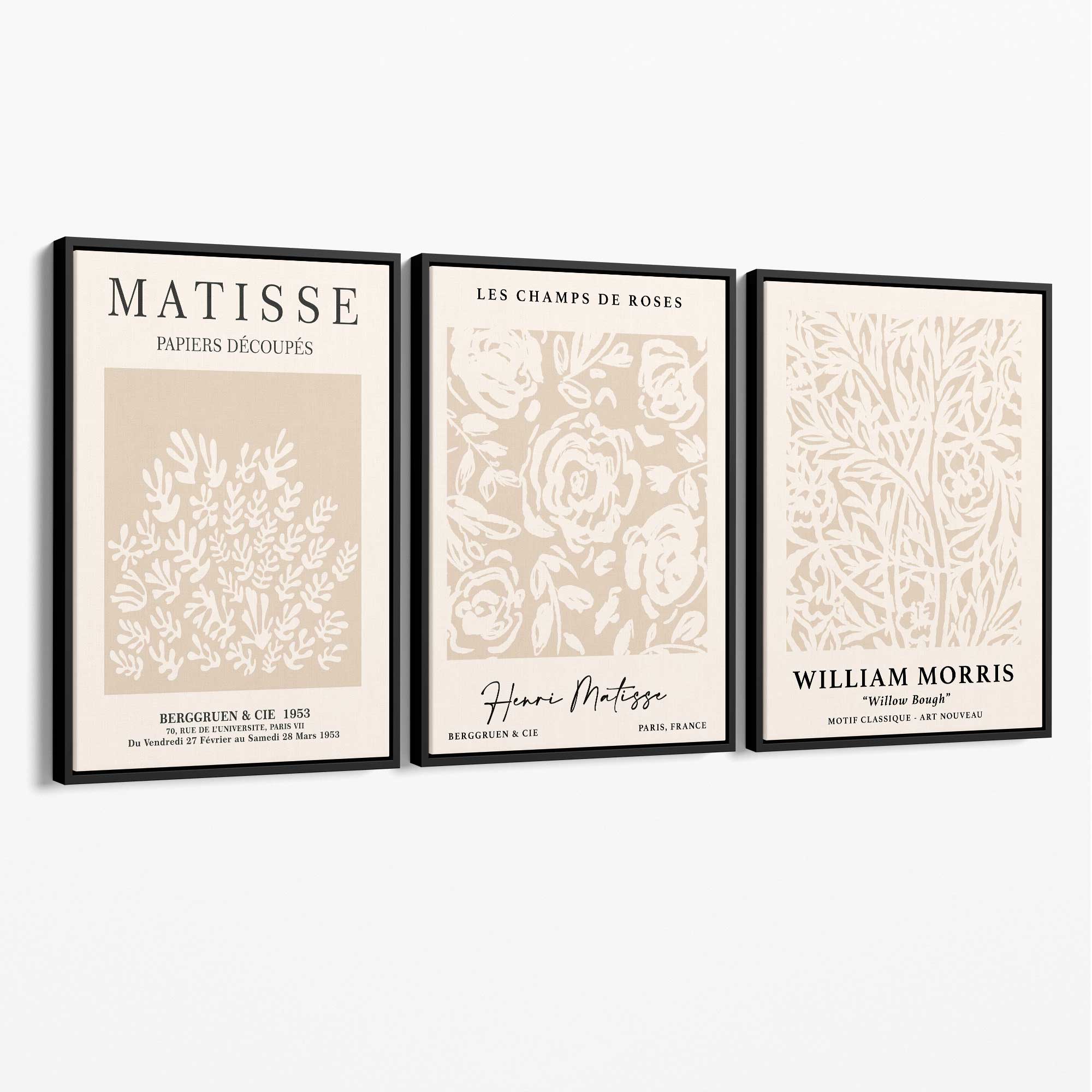 Set of 3 Matisse and William Morris Beige Floral Canvas Art Prints with Black Float Frame