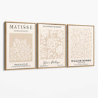 Set of 3 Matisse and William Morris Beige Floral Canvas Art Prints with Oak Float Frame