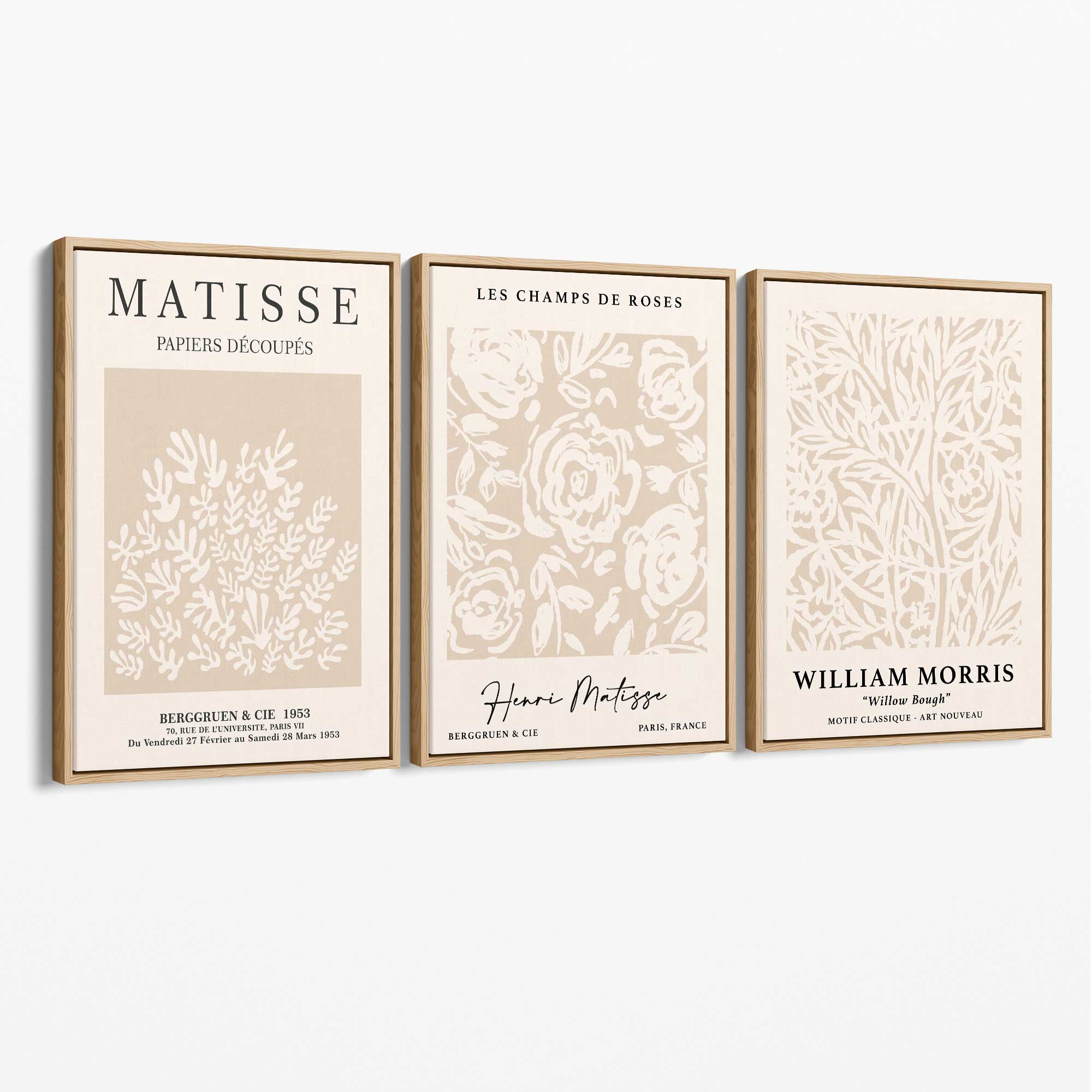 Set of 3 Matisse and William Morris Beige Floral Canvas Art Prints with Oak Float Frame