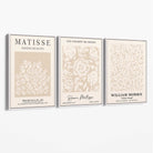 Set of 3 Matisse and William Morris Beige Floral Canvas Art Prints with White Float Frame
